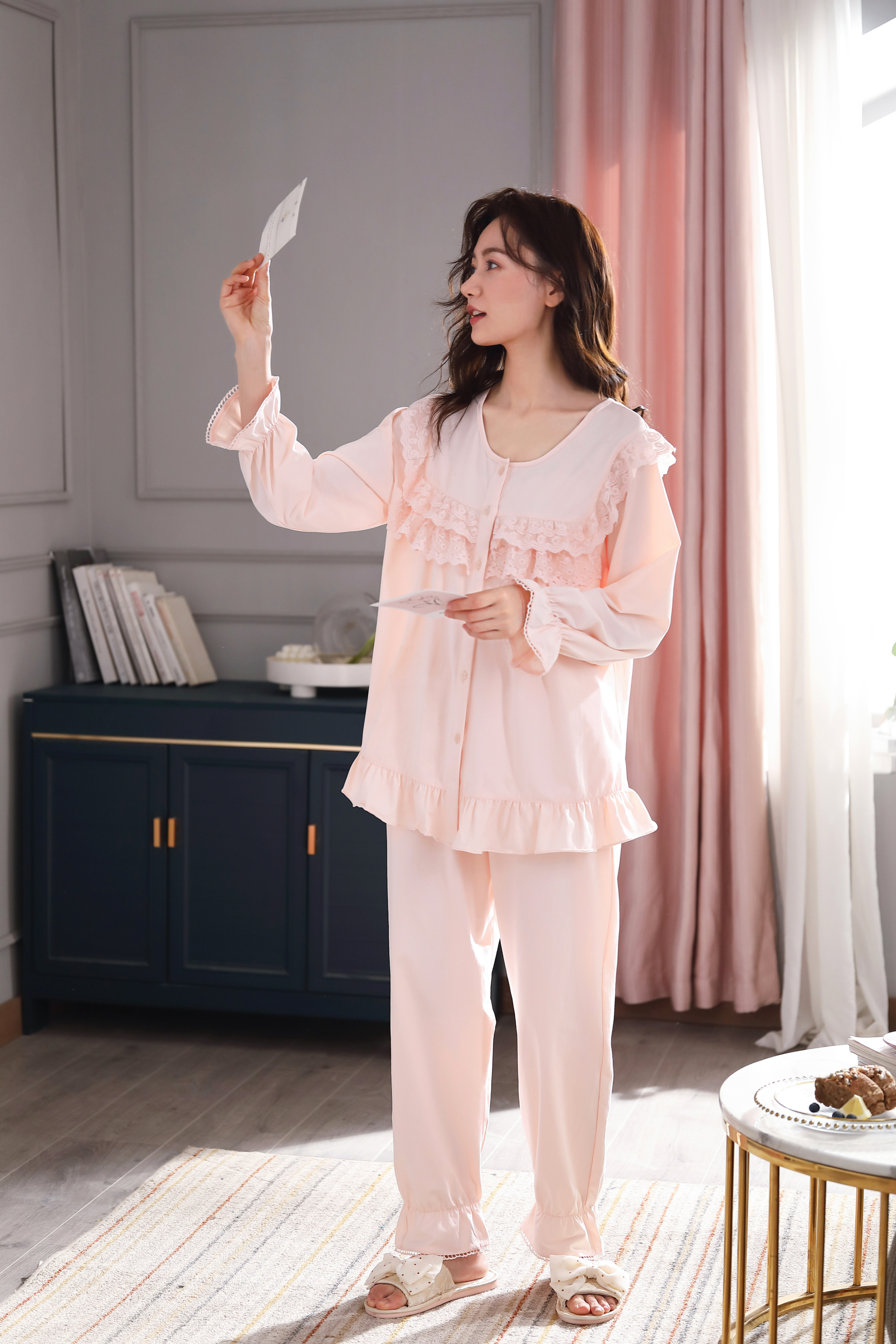 唯美宫廷风公主女式睡衣秋季长袖长裤优雅典雅素净女家居服两件套