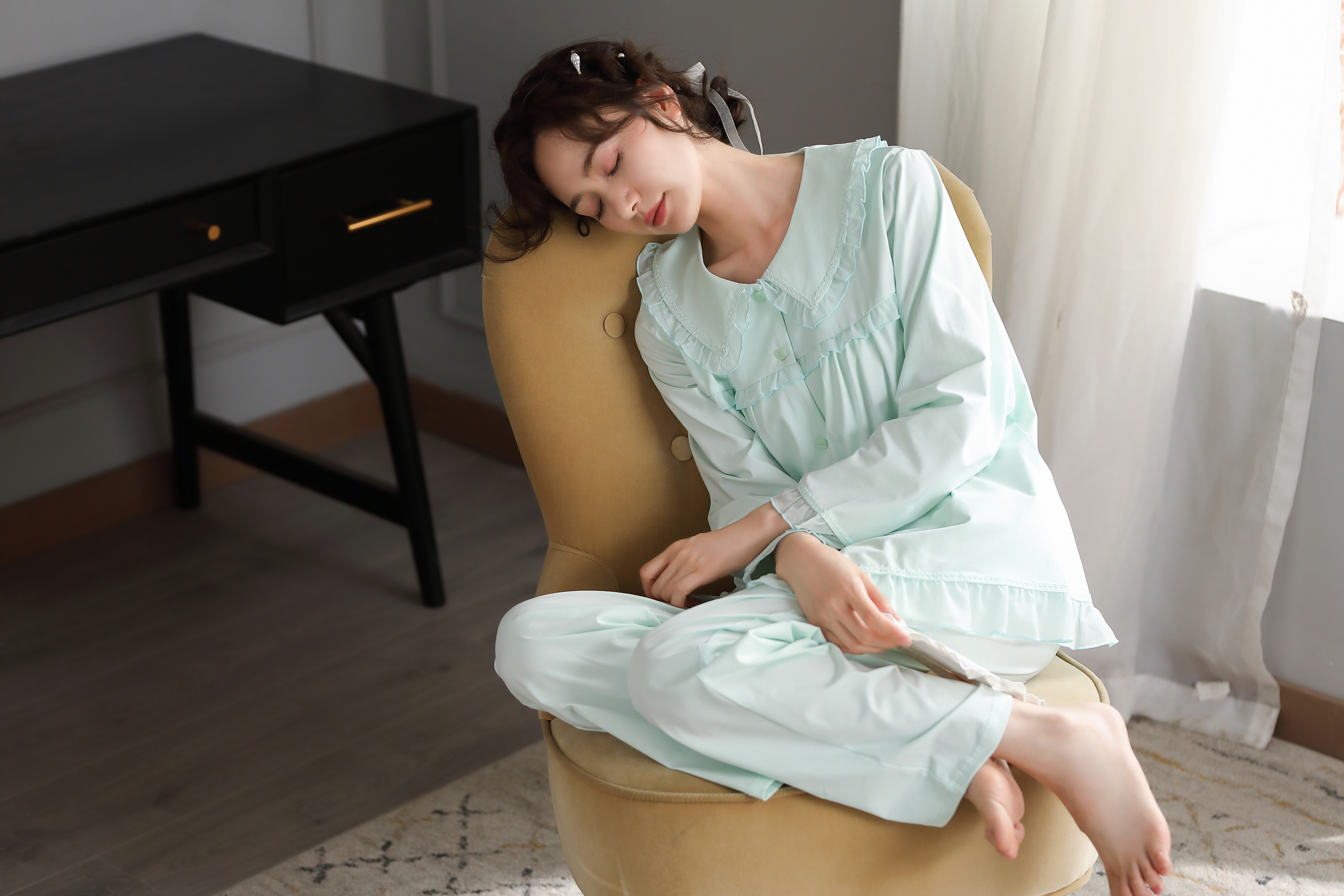 唯美宫廷风公主女式睡衣秋季长袖长裤优雅典雅素净女家居服两件套