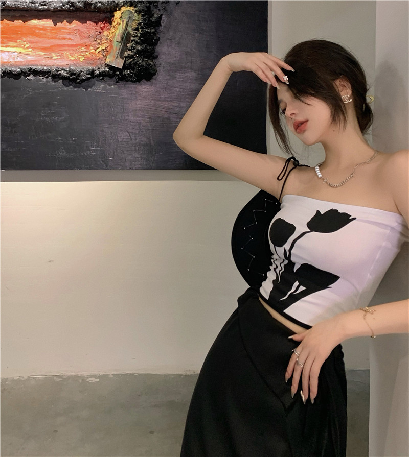 实拍实价玫瑰花朵抹胸背心外穿女辣妹上衣薄款裹胸性感修身t恤