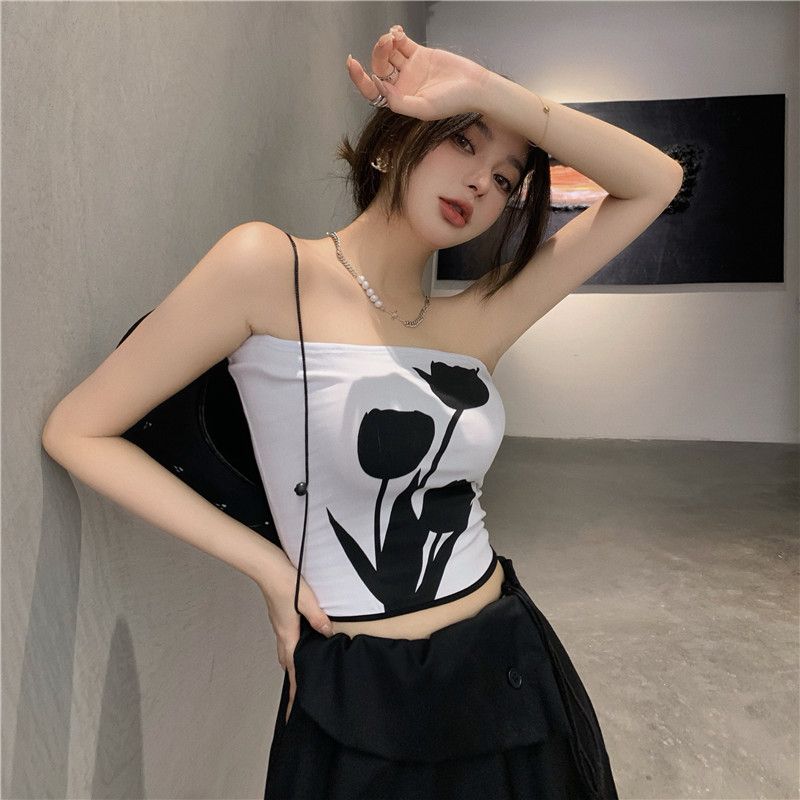 实拍实价玫瑰花朵抹胸背心外穿女辣妹上衣薄款裹胸性感修身t恤