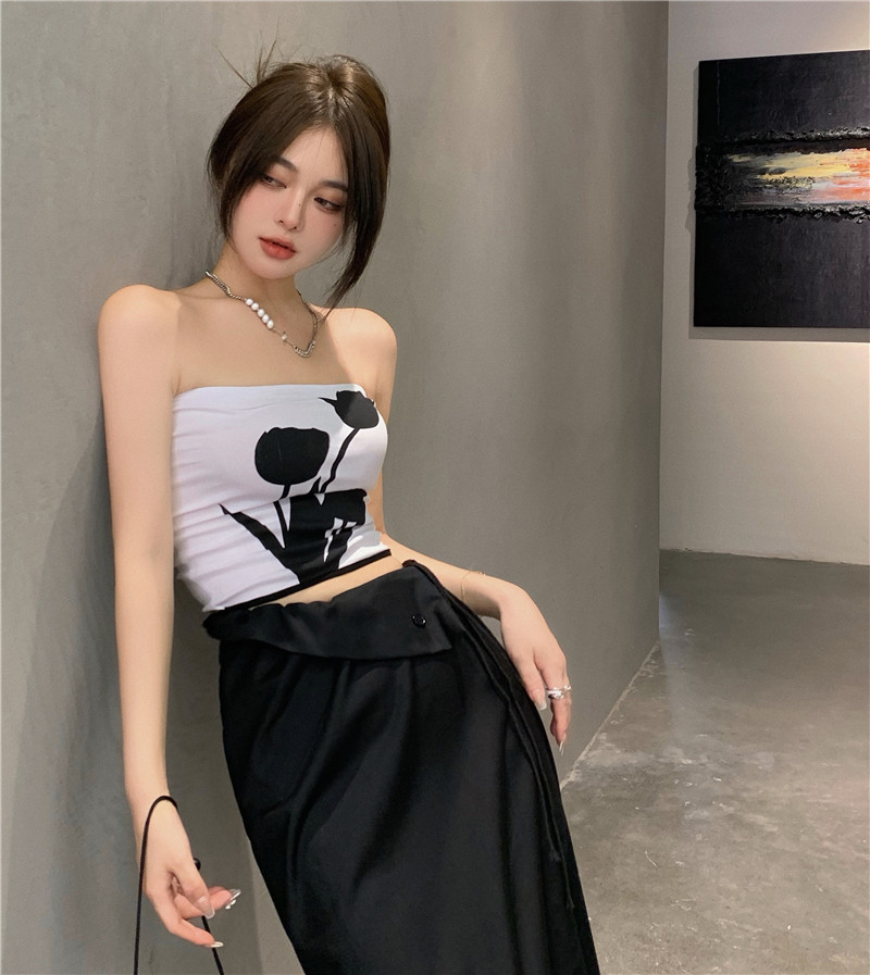 实拍实价玫瑰花朵抹胸背心外穿女辣妹上衣薄款裹胸性感修身t恤