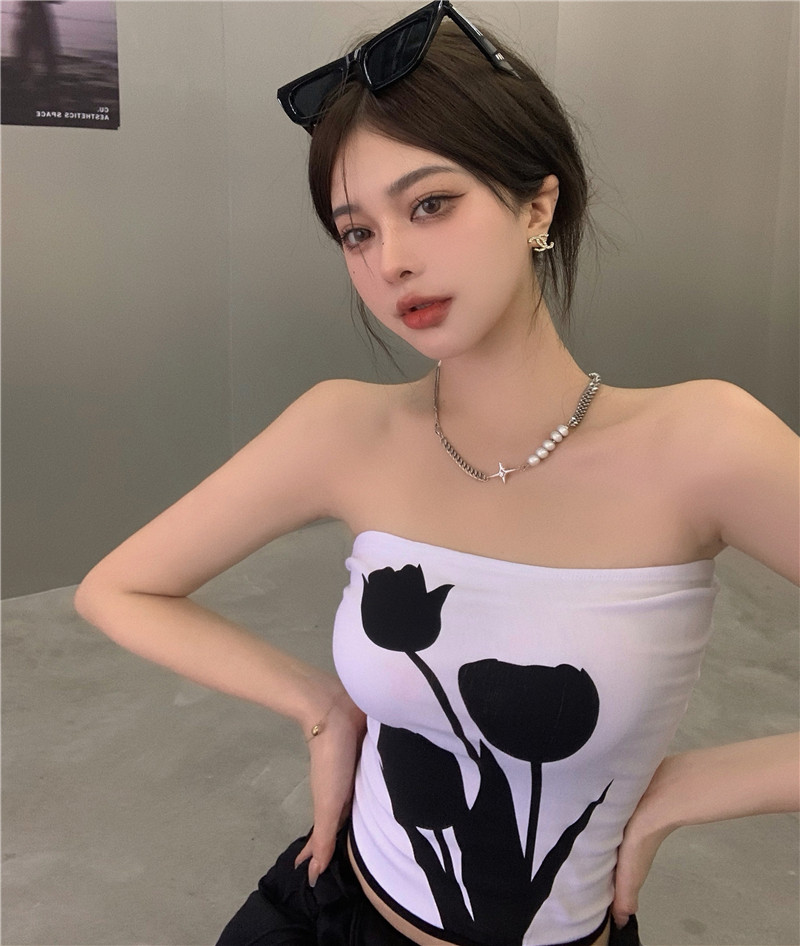 实拍实价玫瑰花朵抹胸背心外穿女辣妹上衣薄款裹胸性感修身t恤