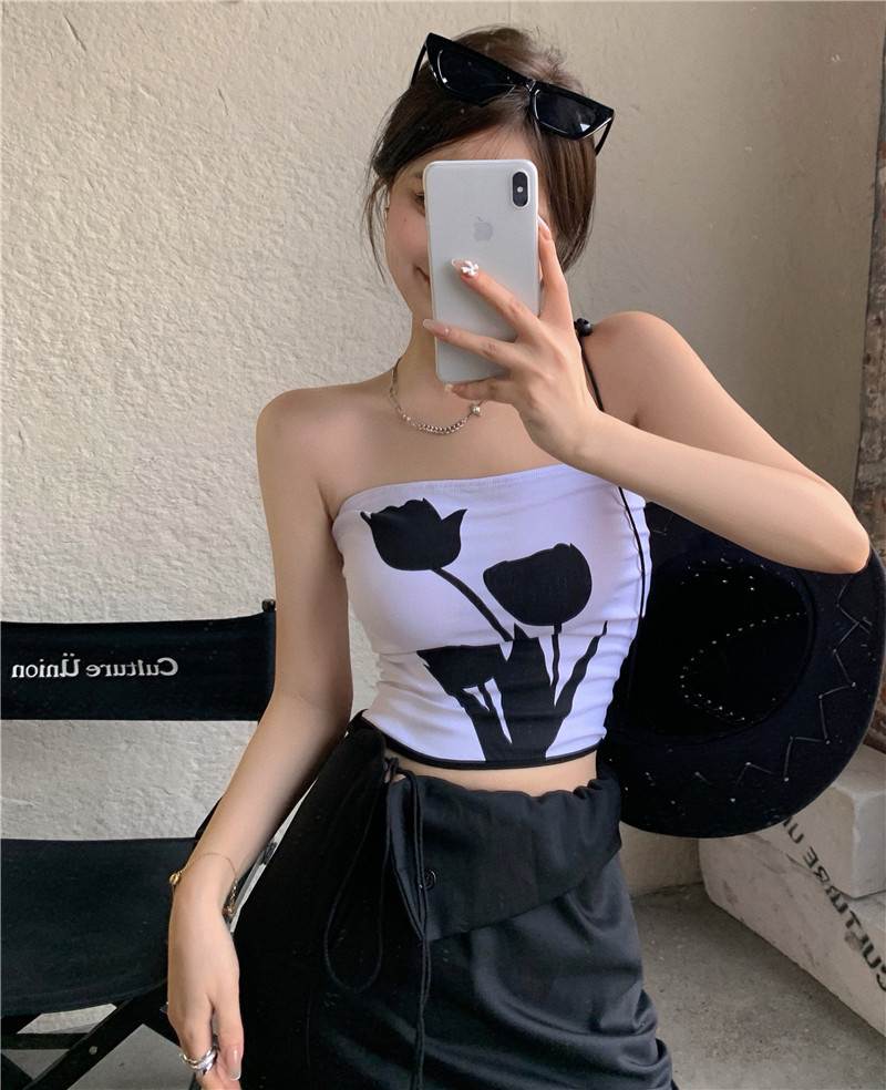 实拍实价玫瑰花朵抹胸背心外穿女辣妹上衣薄款裹胸性感修身t恤