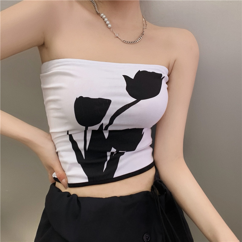 实拍实价玫瑰花朵抹胸背心外穿女辣妹上衣薄款裹胸性感修身t恤