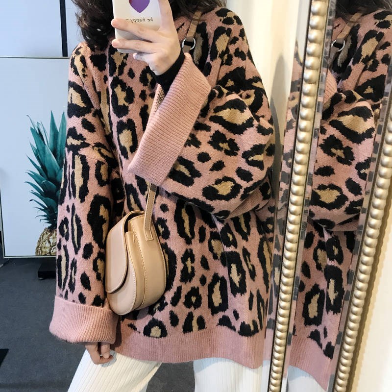 豹纹毛衣圆领套头宽松慵懒风大码韩版大袖口针织衫