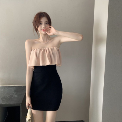 新款夏季一字领包臀连衣裙性感抹胸拼接荷叶边a字裙显瘦气质短裙-优悦