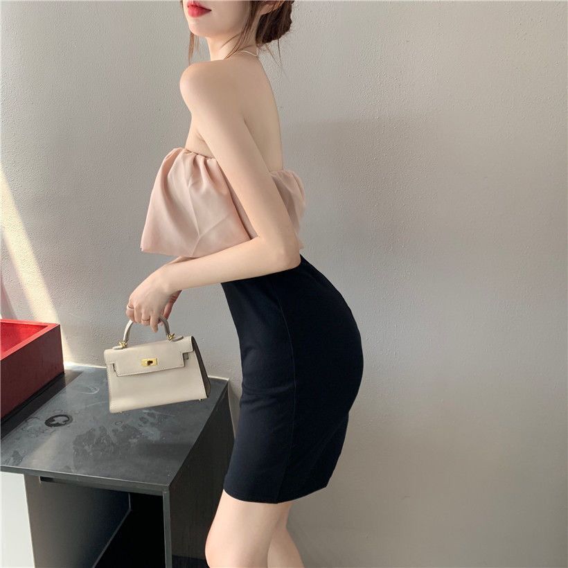 新款夏季一字领包臀连衣裙性感抹胸拼接荷叶边a字裙显瘦气质短裙