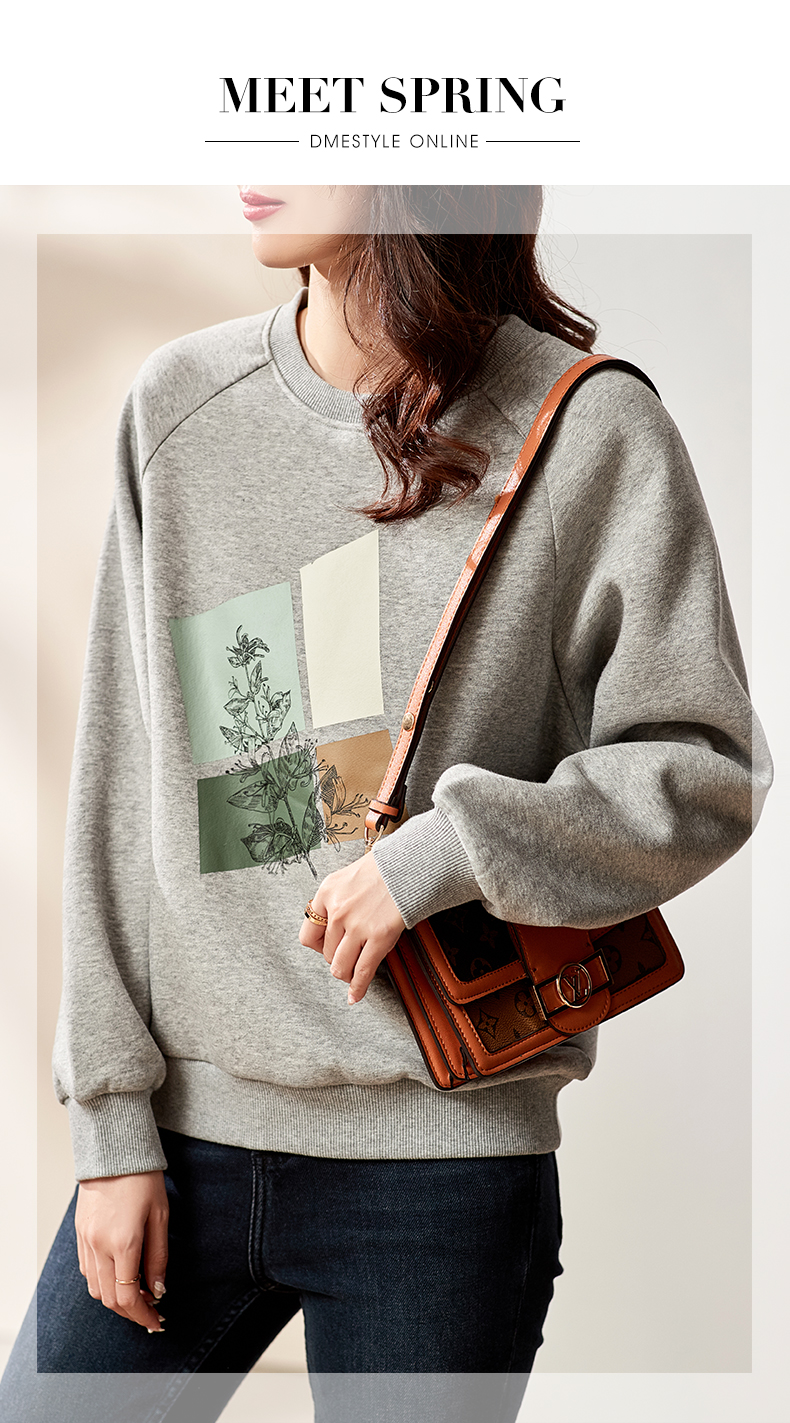 圆领灰色卫衣女春秋薄款新款2021爆款女装无帽宽松上衣外套小个子