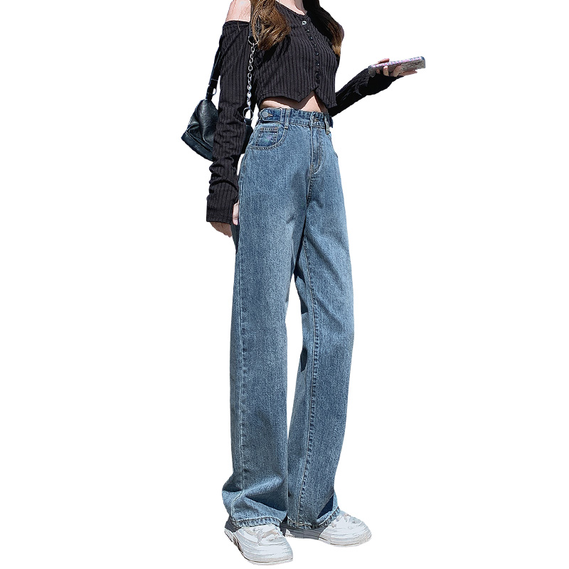 Real shooting high waist and wide leg jeans autumn thin style loose and thin hanging feeling broken hole floor dragging pants straight pants