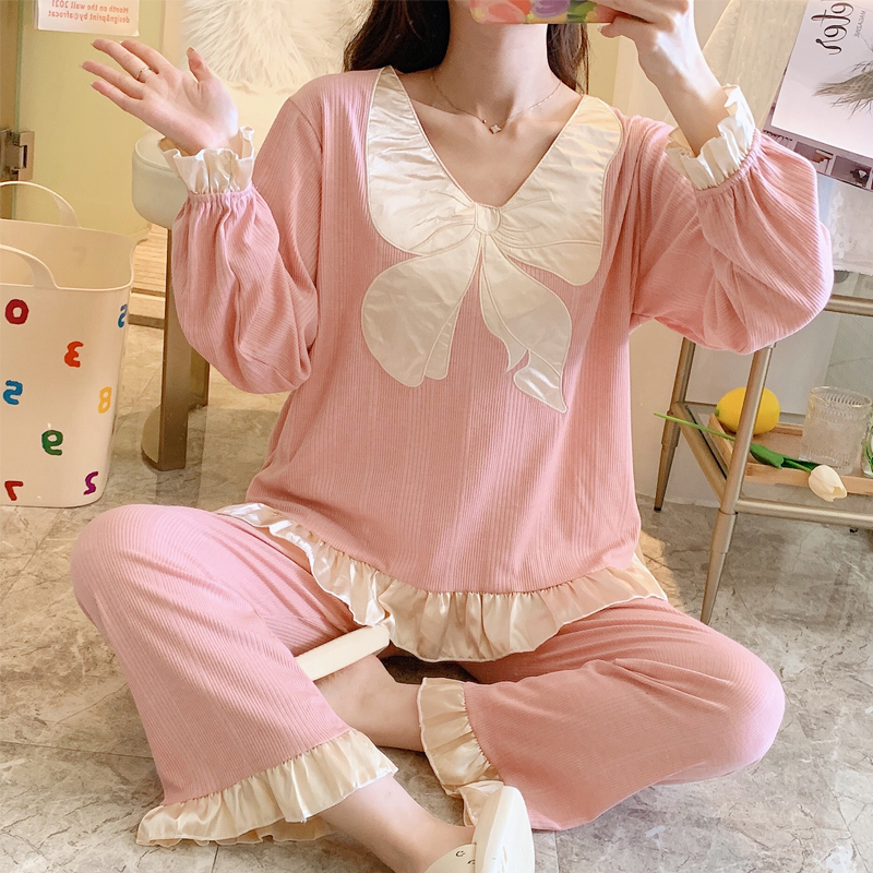 睡衣女秋款新款长袖长裤两件套清新可爱宽松家居服套装坑条棉