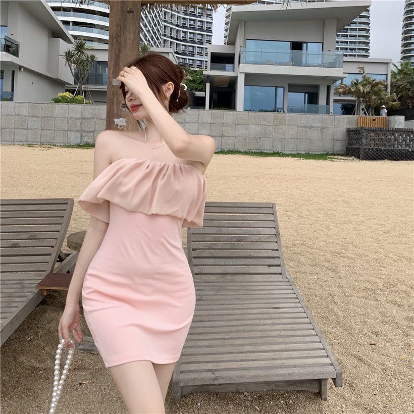 新款夏季法式荷叶边一字肩抹胸连衣裙短裙性感包臀裙显瘦a字裙