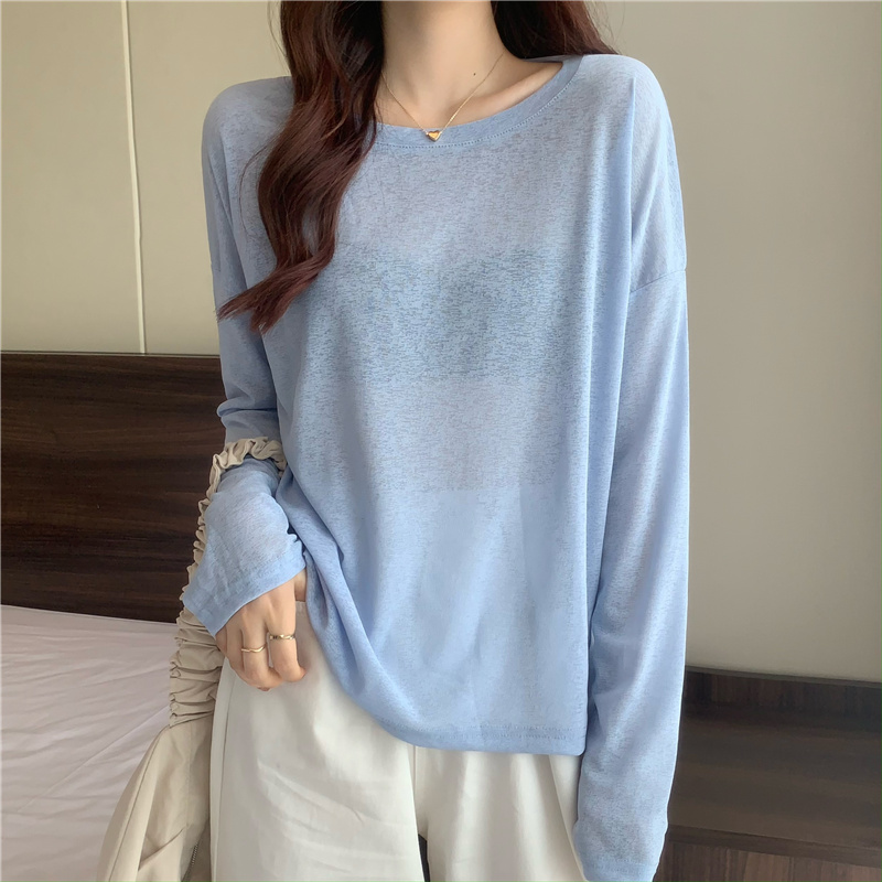 Real shot and real price Summer new versatile solid color loose round neck thin long-sleeved sun protection top for women