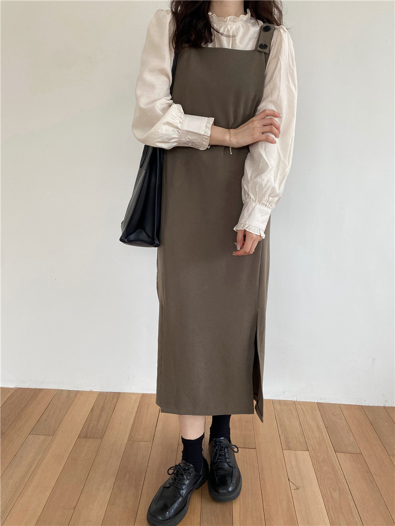 实拍秋冬季新款韩版chic背带显瘦连衣长裙 木耳打底衬衫两件套装