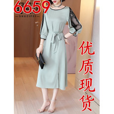 批发缎面<b class='q'>真丝</b><b class='q'>连衣裙</b>夏装2026新款<b class='q'>女</b>七分袖镂空蕾丝系带收腰中长款裙子