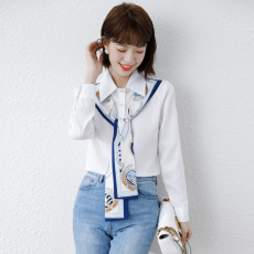 批发实拍2026春装新款设计感丝巾拼接白长袖衬衫<b class='q'>雪纺衫</b>上衣 女