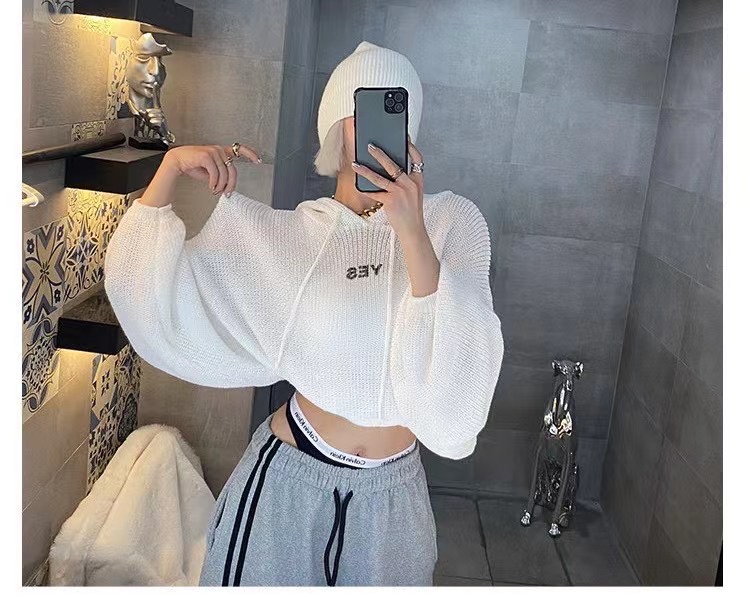 21春夏新品潮牌网红ins博主连帽毛针织衫露腰卫衣女短百搭凉爽