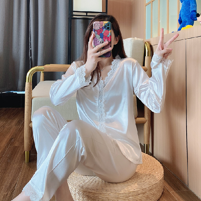 冰丝睡衣女春季长袖薄款开衫性感雏菊仿真丝家居服两件套装