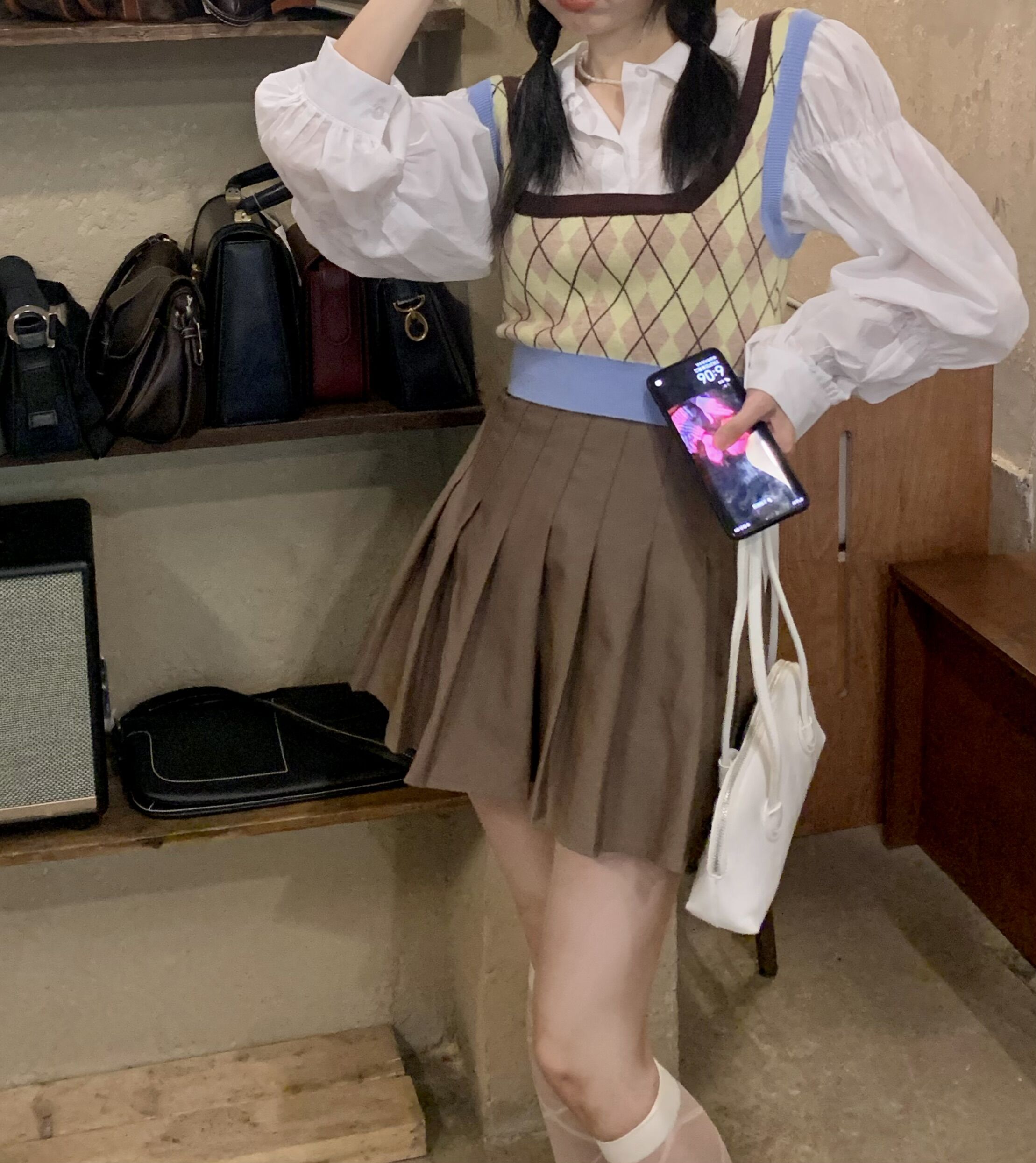 实拍实价 复古菱格针织拼色背心 卡其色百褶裙