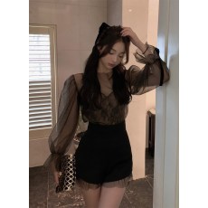 批发林珊珊 纯欲风设计感<b class='q'>雪纺</b>衫女夏季<b class='q'>双层</b>网纱法式复古性感蕾丝上衣