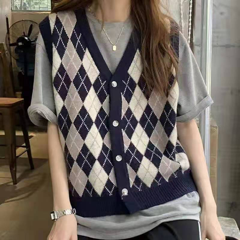 New Korean style simple casual diamond knitted vest cardigan V-neck vest back