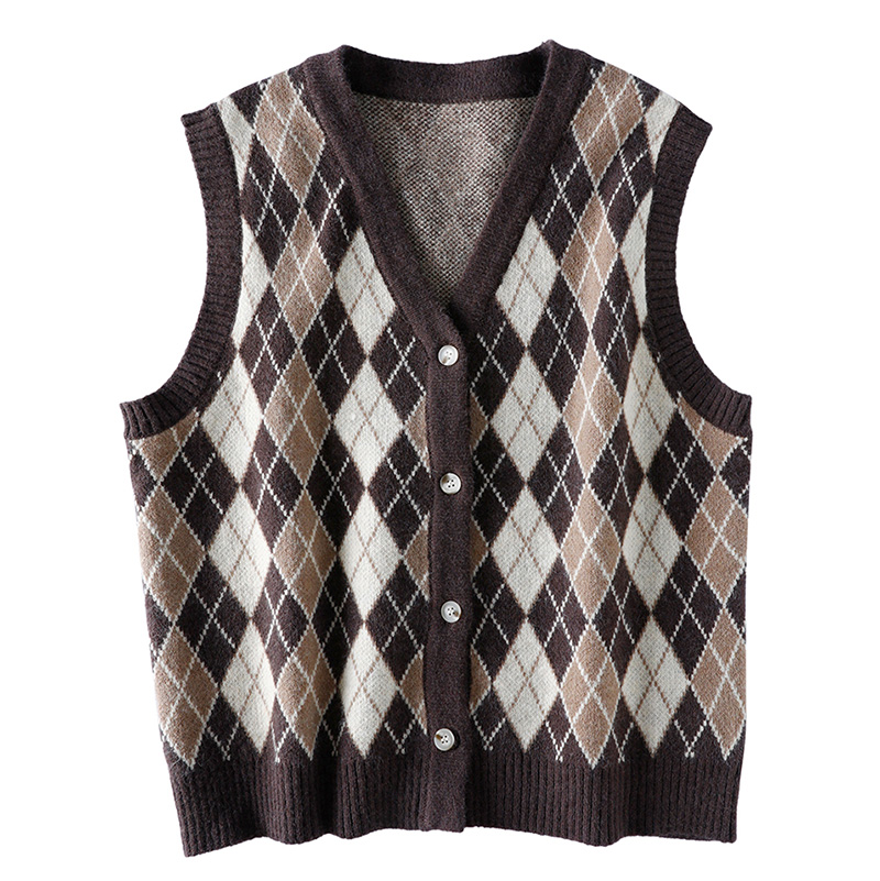 New Korean style simple casual diamond knitted vest cardigan V-neck vest back