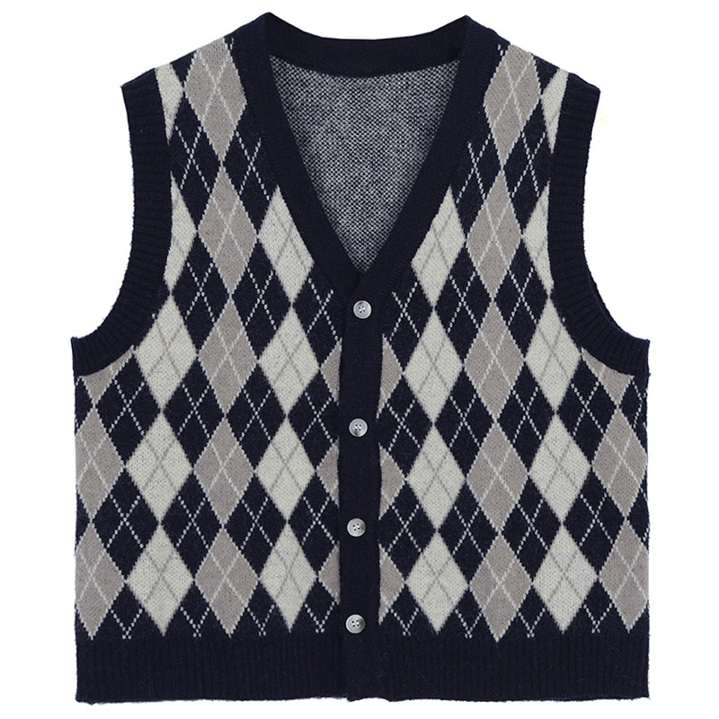 New Korean style simple casual diamond knitted vest cardigan V-neck vest back