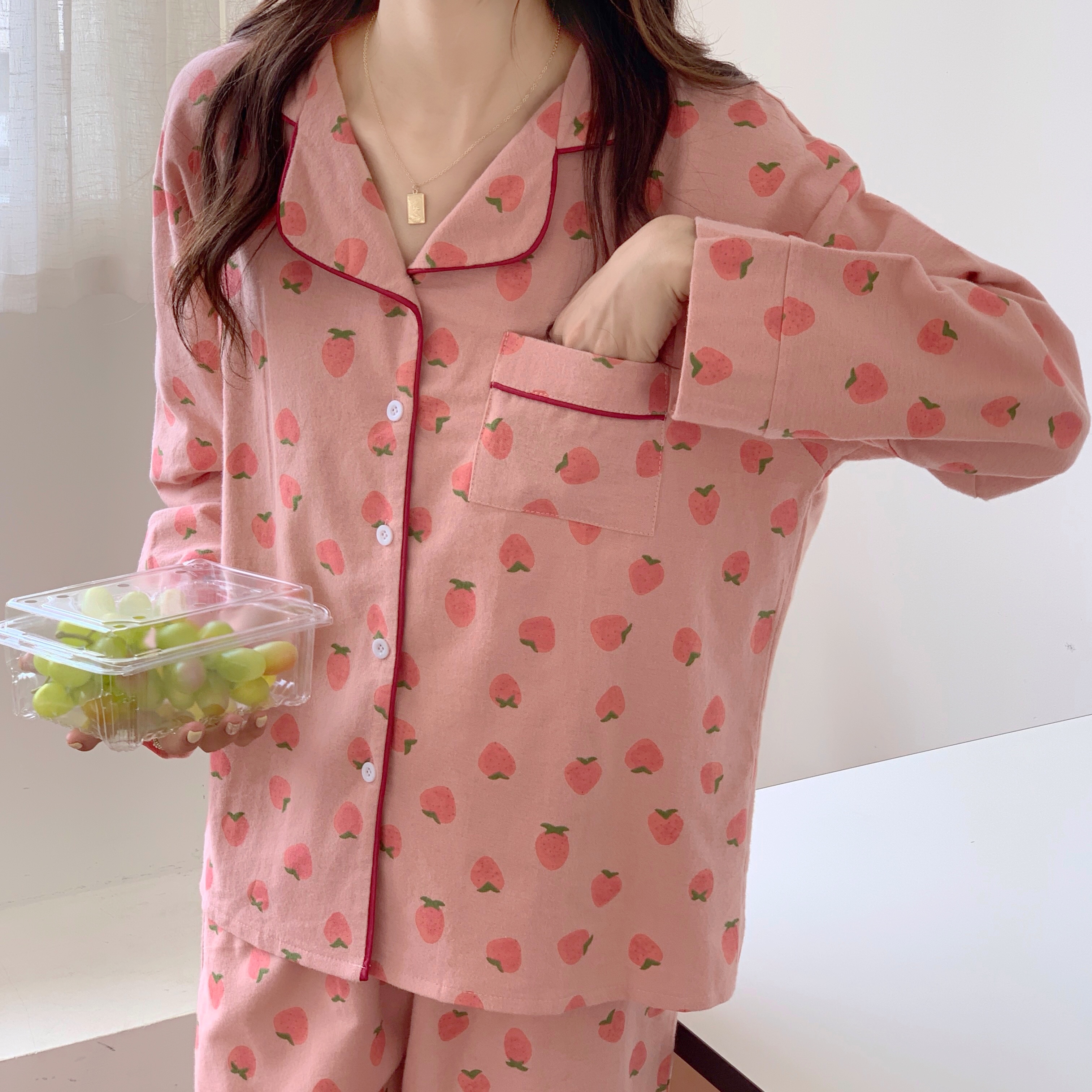 实拍控3 韩版纯棉磨毛草莓甜美翻领长袖长裤睡衣女家居服套装秋冬