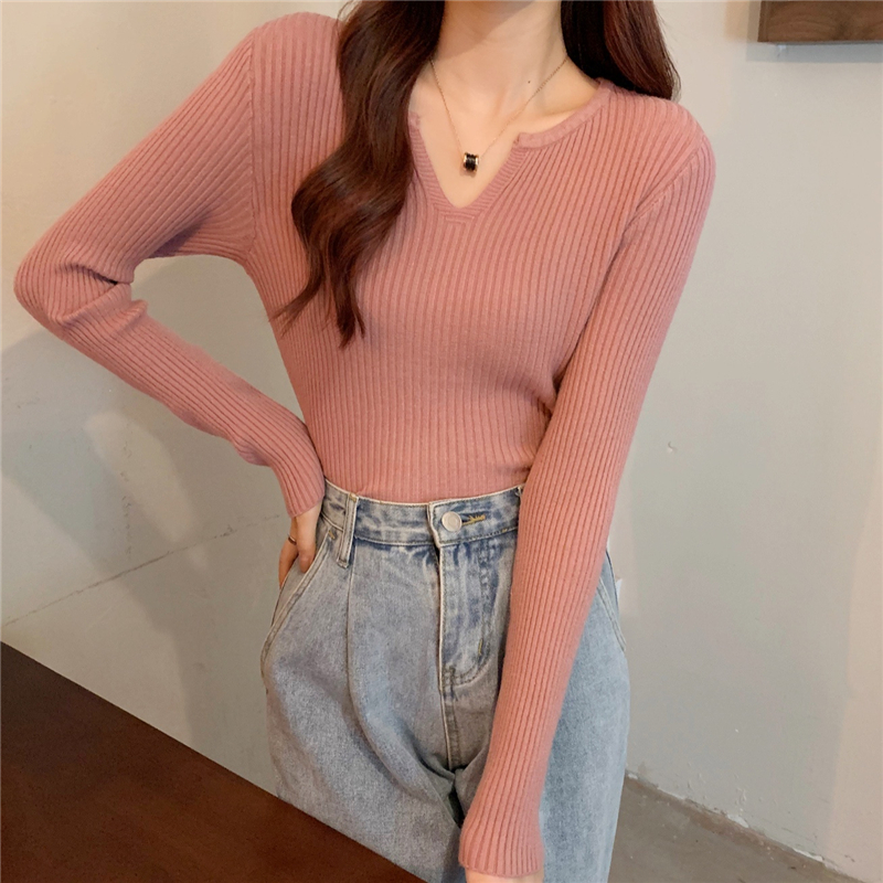 Real shooting and real price autumn new slim and soft V-neck Pullover long sleeve T-shirt women's T-shirt