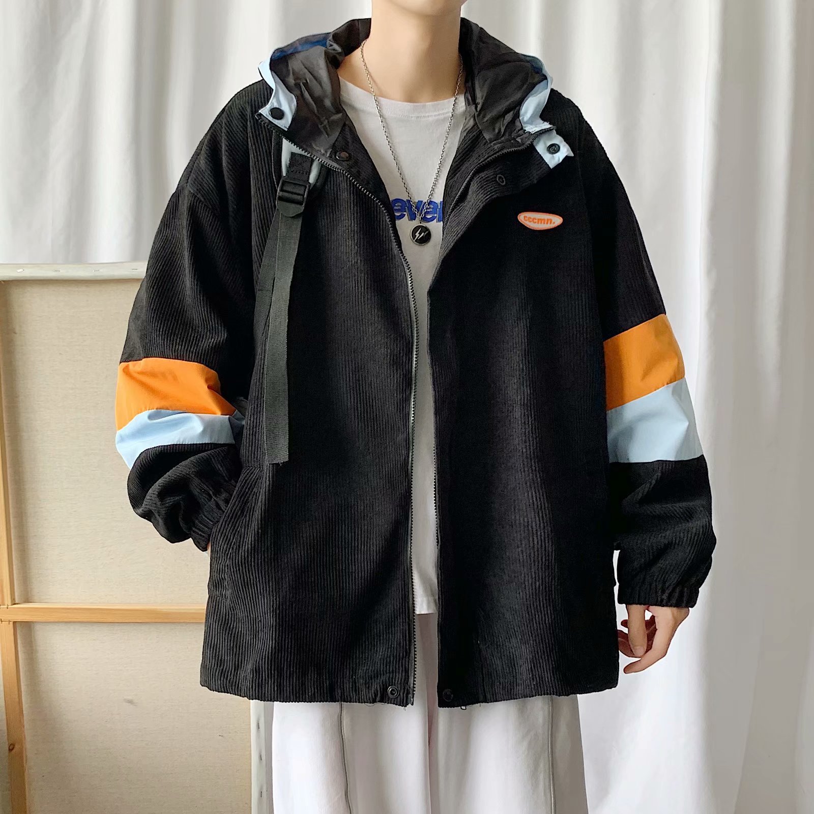 实拍连帽男装夹克青少年韩版新款休闲春秋季宽松ins原宿风外套男