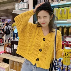 批发秋冬新款韩版宽松麻花毛衣女针织开衫外套chic慵懒风百搭衫