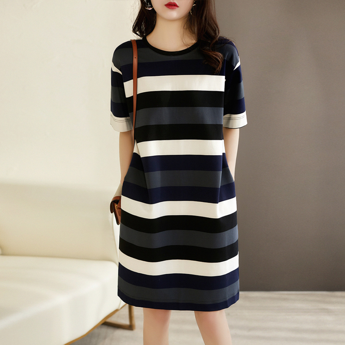质检官图2021年夏季新款女装t恤裙宽松条纹显瘦中长款气质连衣裙