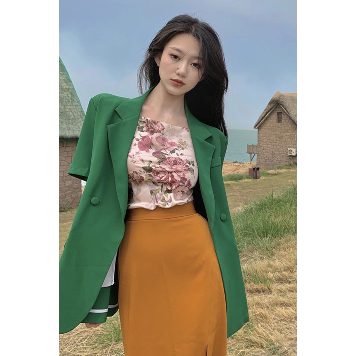 西装外套女薄款夏小个子宽松港风中长款短袖小西服上衣两件套装女