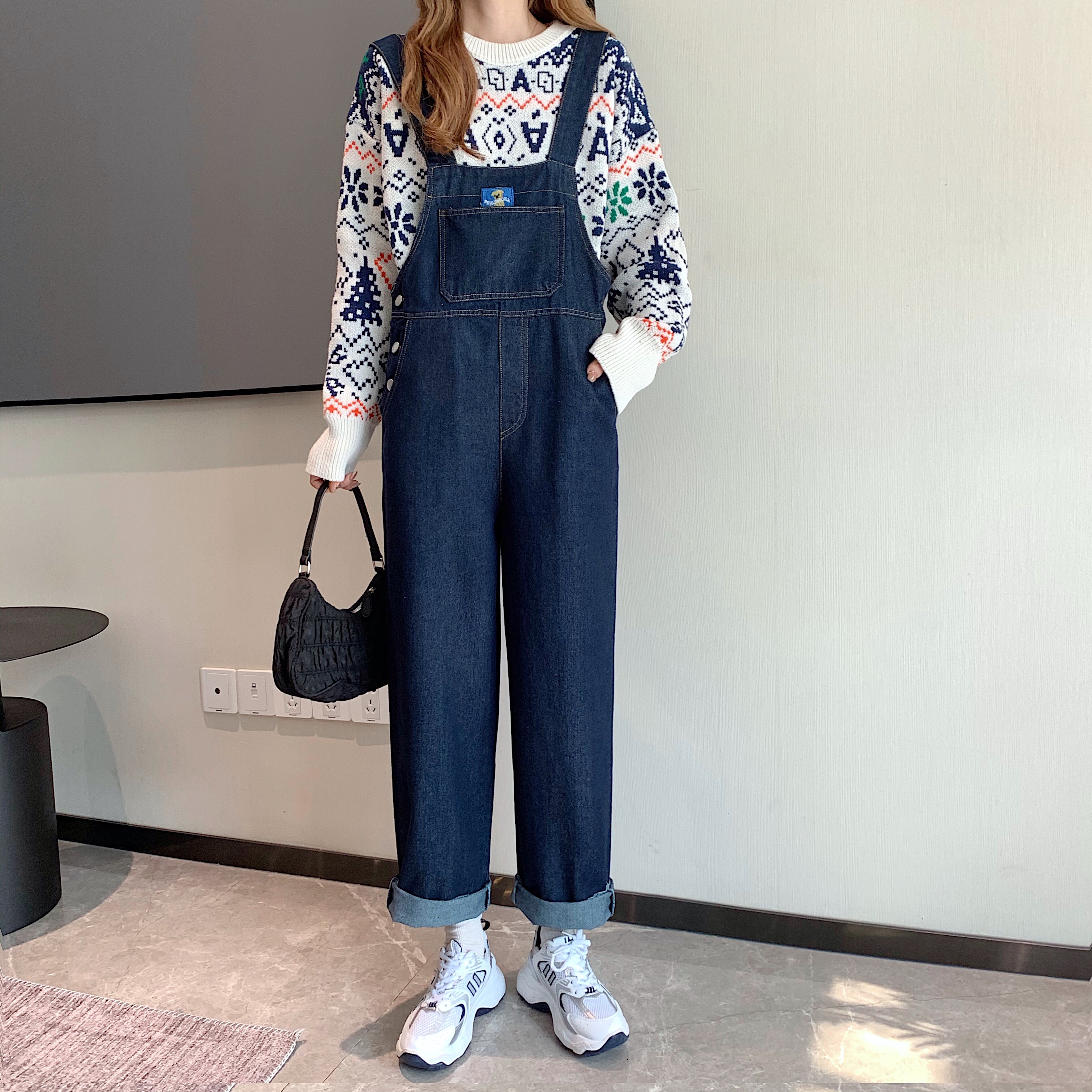 实价实拍 韩版 宽松复古牛仔休闲背带裤 慵懒风韩系针织套头毛衣