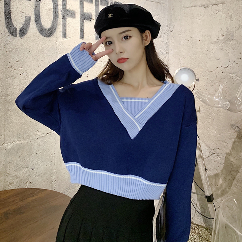 撞色短款毛衣女宽松2021新款复古针织衫上衣