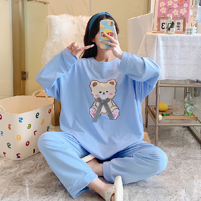 睡衣女秋季新款韩版宽松长袖套装加肥加大200斤可穿家居服