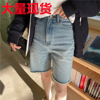 代购 BYSPRING 夏季新款高腰牛仔裤短裤女中裤休闲时髦五分裤潮