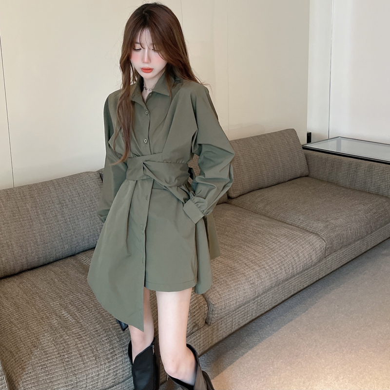 실사 빅 사이즈 여성 의류 지방 mm 이른 봄 새로운 허리 수축 긴팔 슬림해 보이는 드레스 패션 세트 반바지 투피스 세트