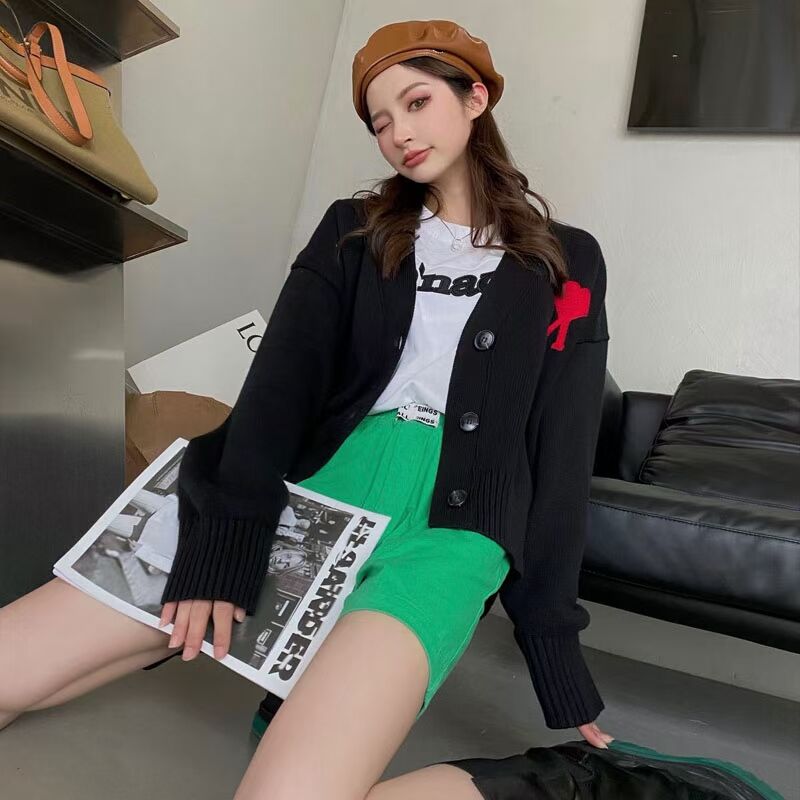 现货明星同款外套爱心a字母红心开衫v领毛衣ami针织衫百搭宽松男女潮