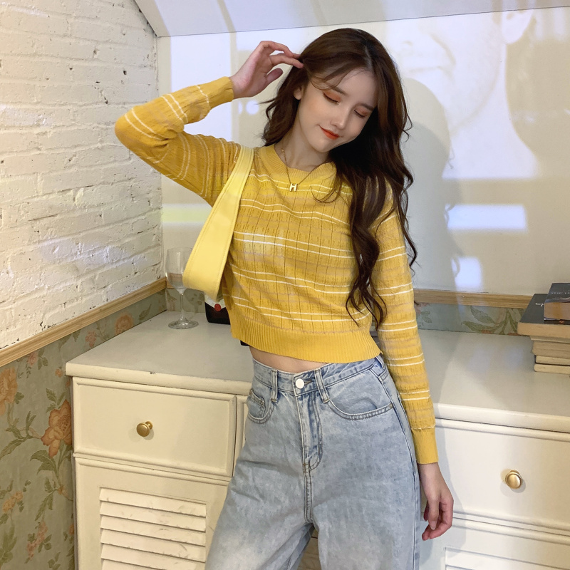 针织衫秋季新款女短款毛衣配裙子套头薄款长袖高腰上衣条纹打底衫