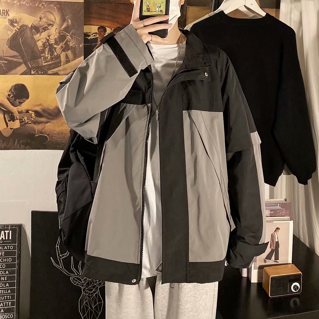 实拍港风工装机能夹克男秋冬季韩版拼接上衣ins潮牌宽松炸街外套