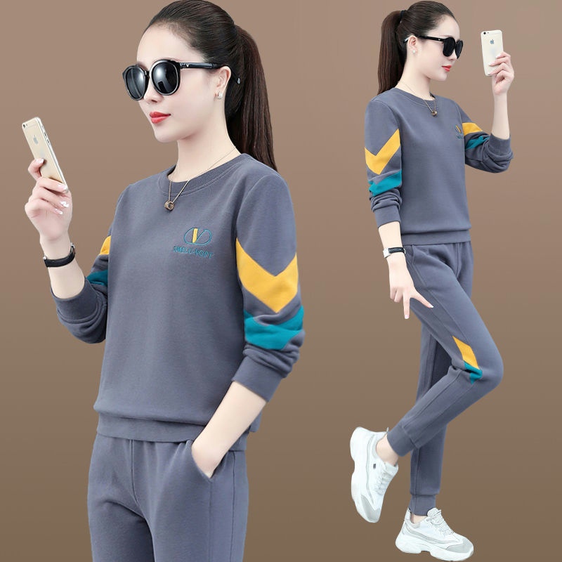 圆领休闲运动套装女春秋季2021年新款宽松跑步服女装卫衣两件套装