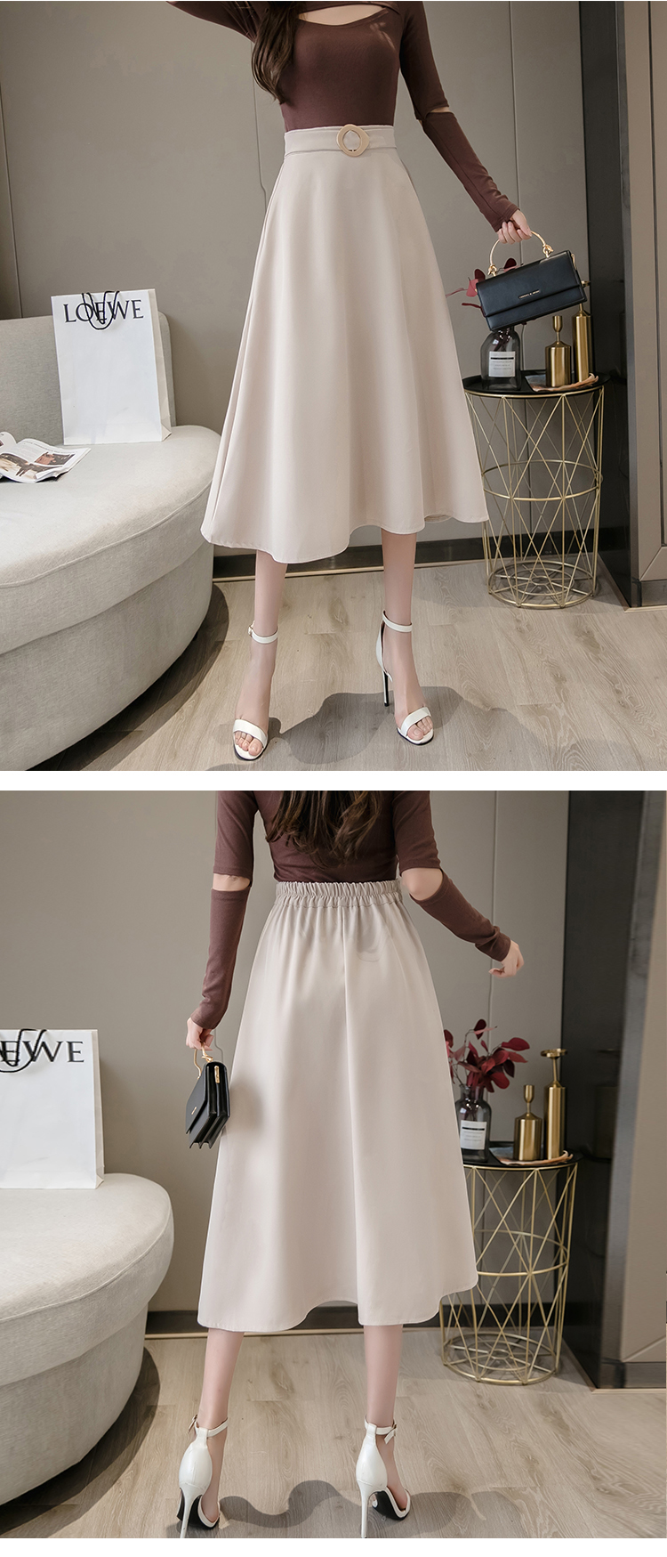 实拍2021秋季半身裙韩版纯色气质伞裙高腰优雅显瘦松紧腰中长裙