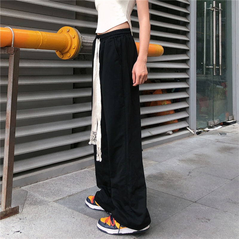 实拍 实价 手工编织抽绳裤高街直筒休闲黑色长裤