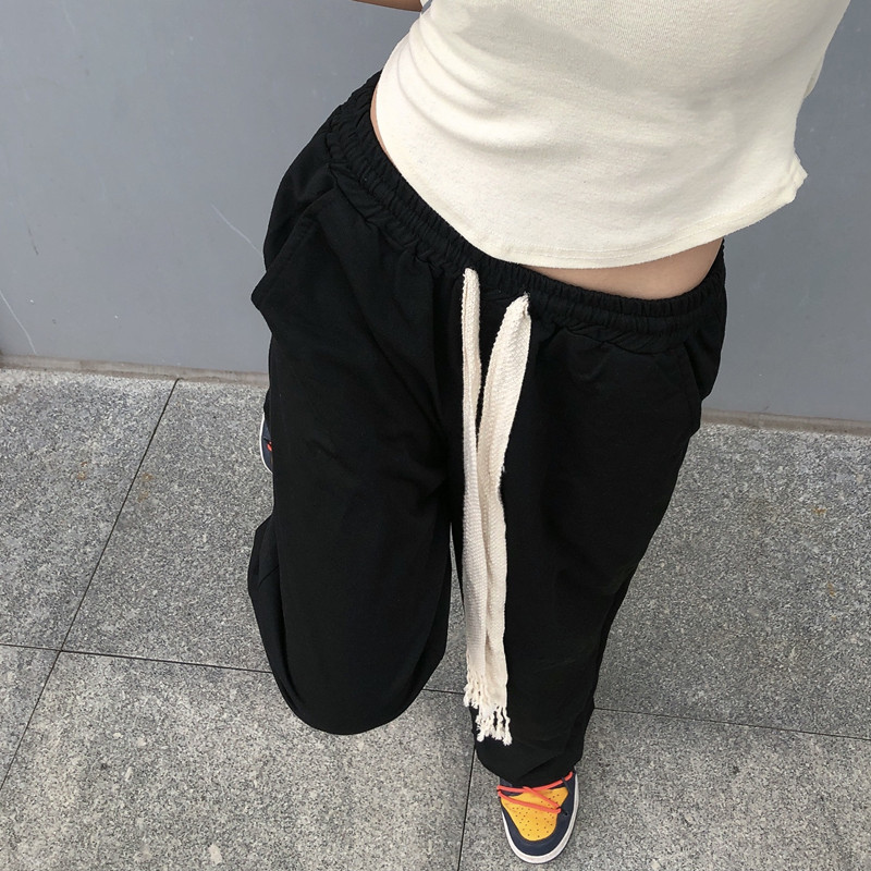 实拍 实价 手工编织抽绳裤高街直筒休闲黑色长裤