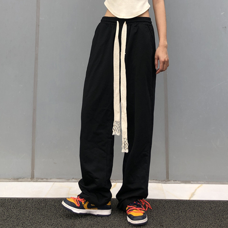 实拍 实价 手工编织抽绳裤高街直筒休闲黑色长裤