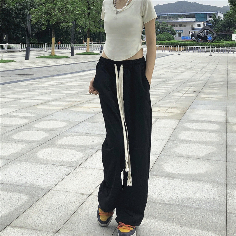 实拍 实价 手工编织抽绳裤高街直筒休闲黑色长裤