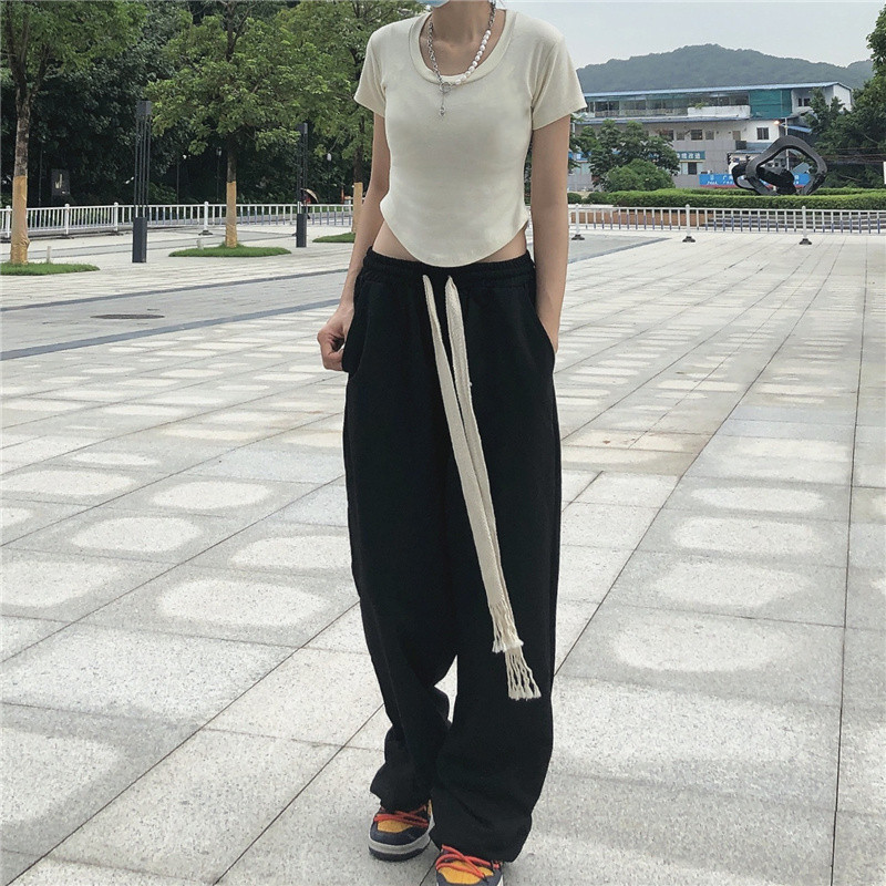 实拍 实价 手工编织抽绳裤高街直筒休闲黑色长裤