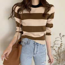 批发现 实价 圆领套头设计拼色条纹修身百搭长袖针织衫