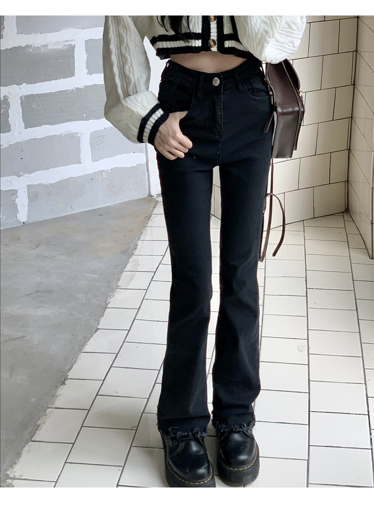 松本筷子腿牛仔裤女高腰2021春秋新款黑色微喇裤毛边牛仔裤_韩潮衣39