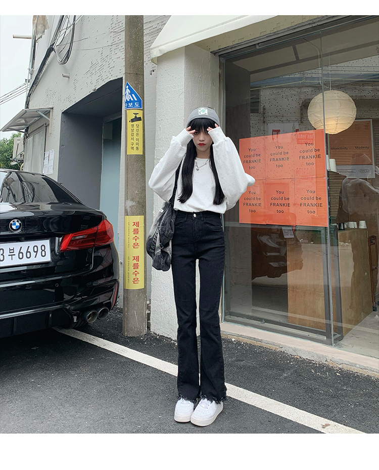 松本筷子腿牛仔裤女高腰2021春秋新款黑色微喇裤毛边牛仔裤_韩潮衣39